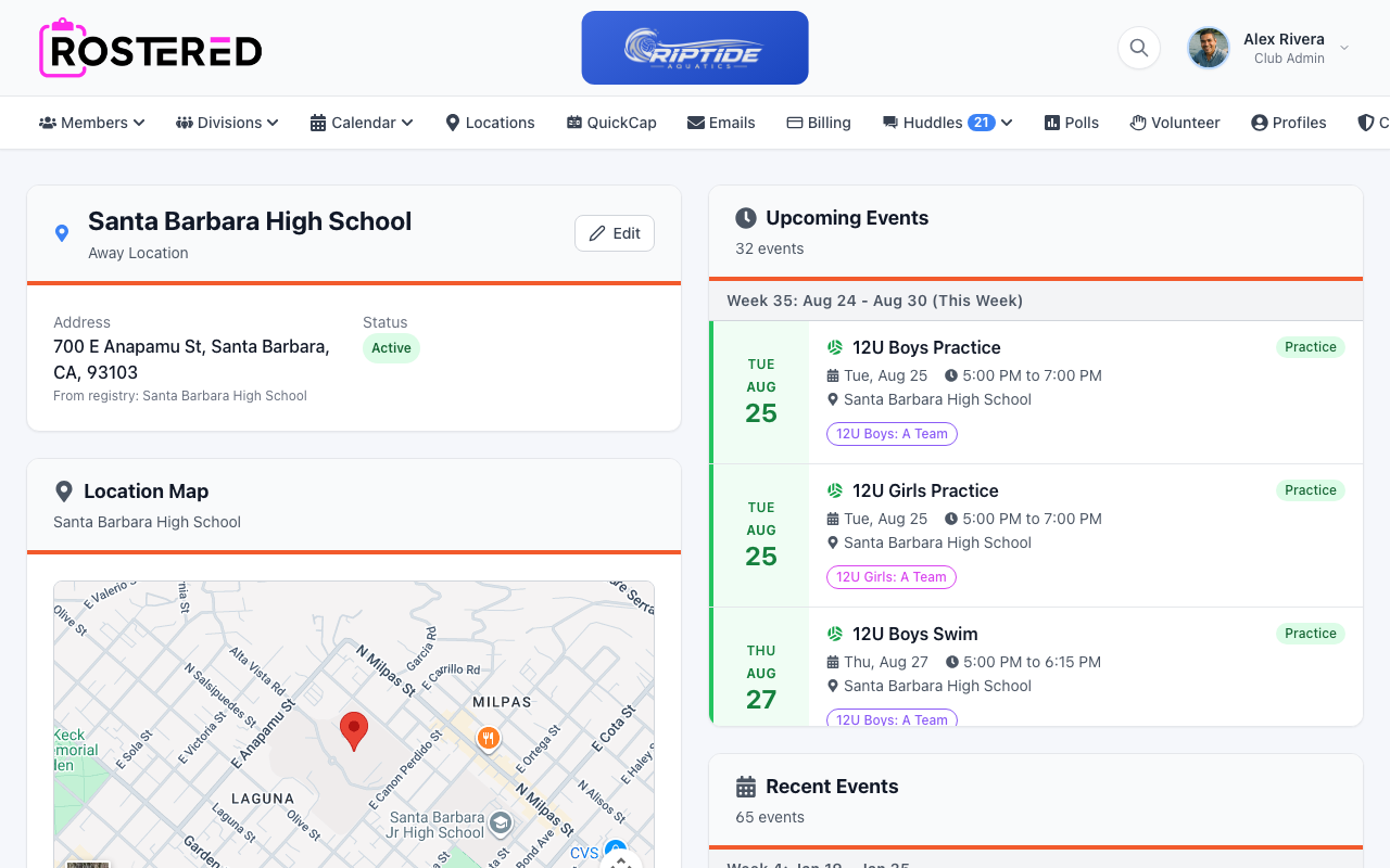 Location detail page showing a live map and weather from its linked venue