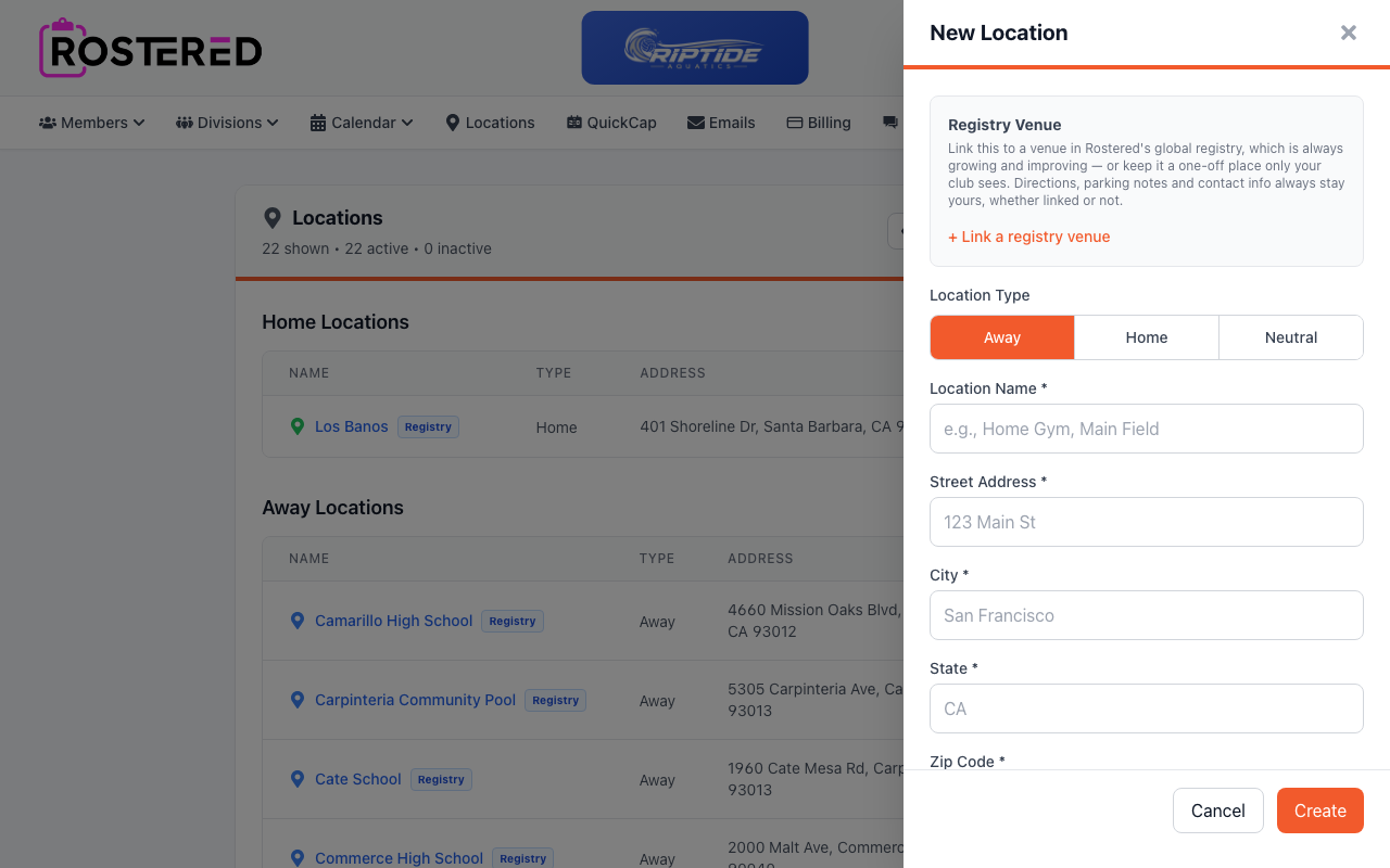 New Location panel with the Registry Venue search prompt